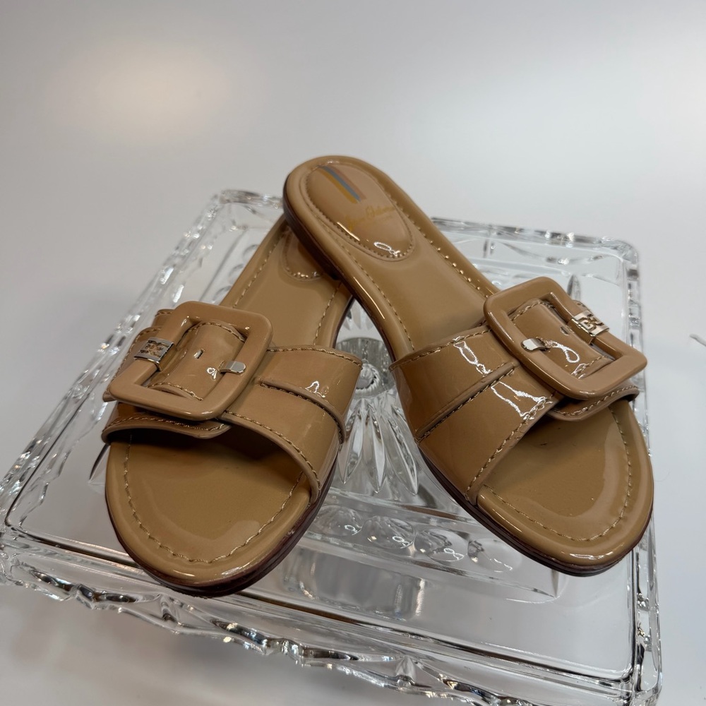 Sam Edelman Gaige Slide Sandal- tan patent- size 7-  good condition- orig box
